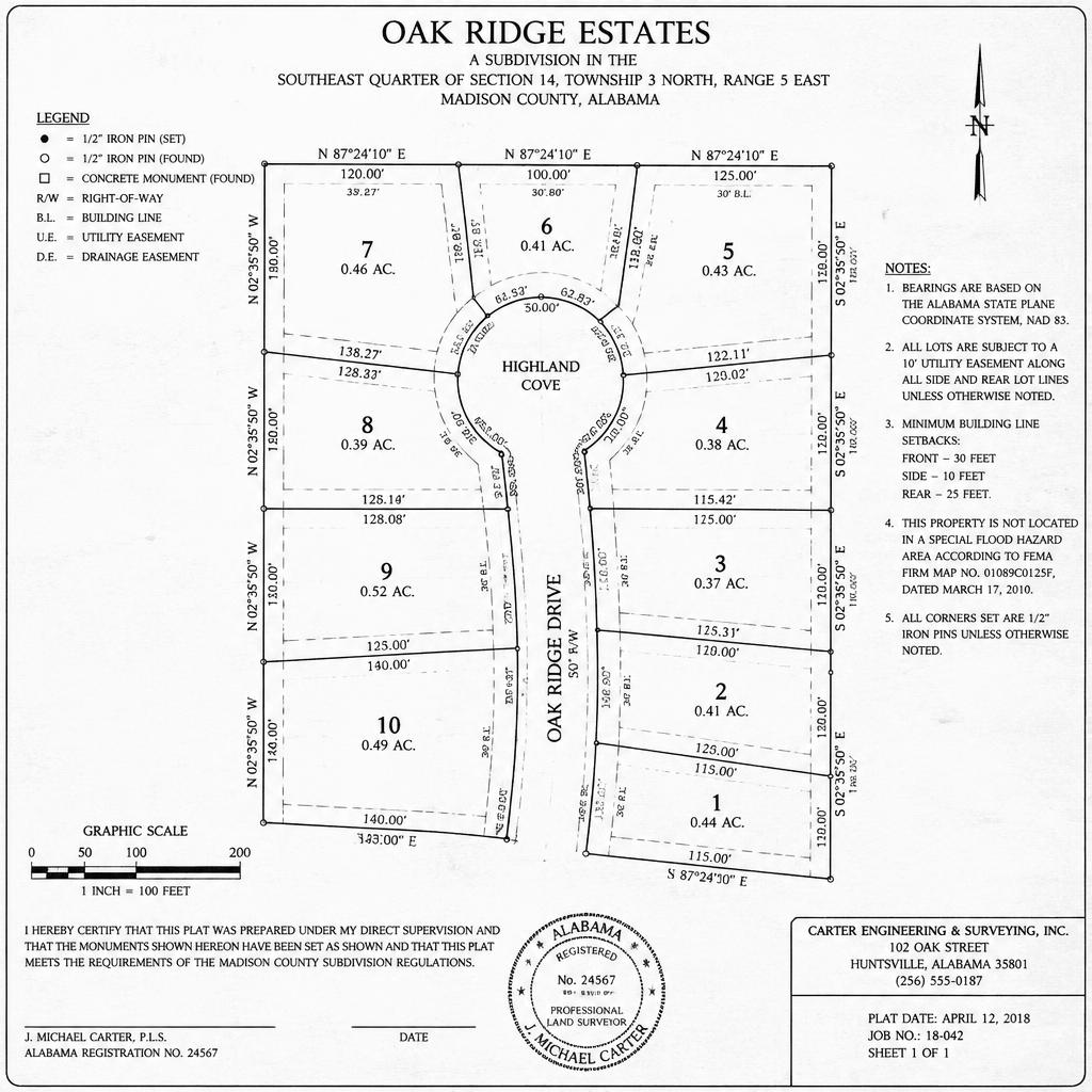 Recorded black-and-white subdivision plat with lot lines, easements and building setbacks